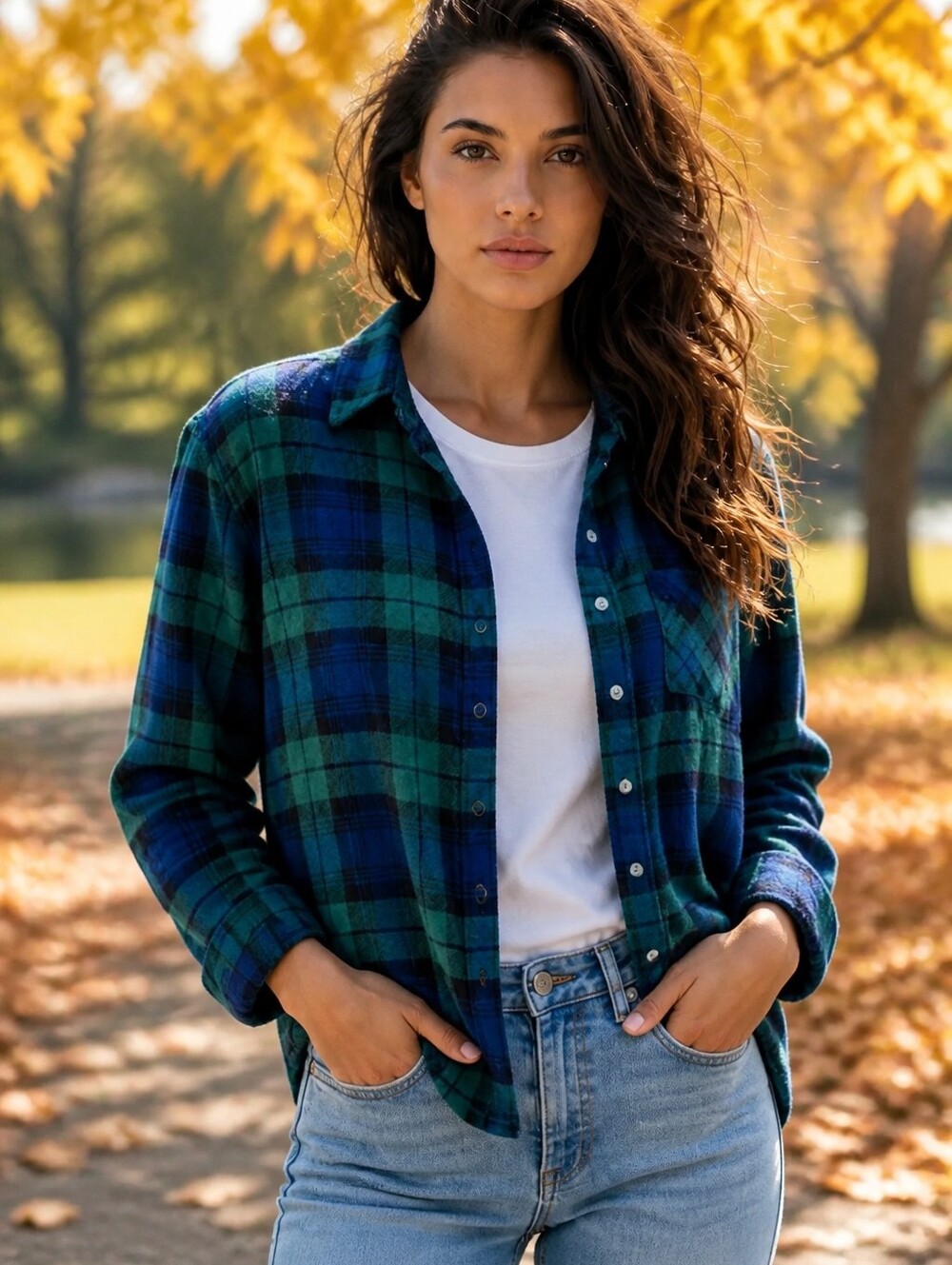 Style Envy Green Blue Plaid Tie Front Button Down Shirt Long Sleeves Lg - Picture 14 of 16